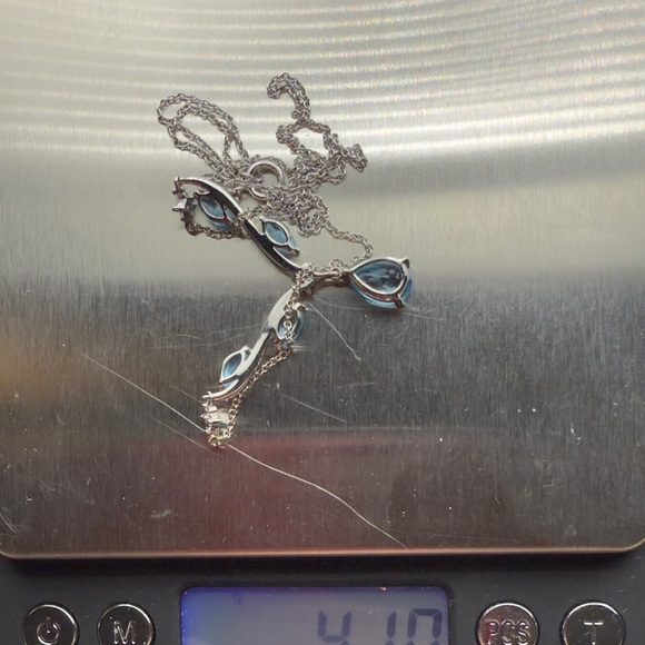 Blue Topaz & White Sapphire Tear Drop Necklace New - Picture 5 of 15